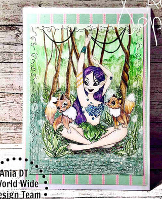 Página para colorear, niña elfa en el bosque. duende y zorros
