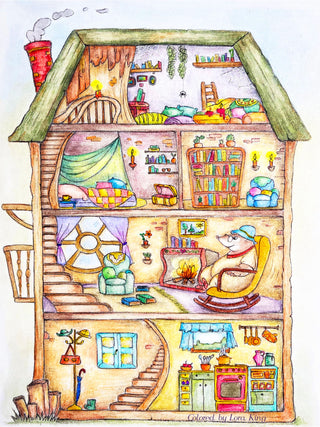 Coloring Page, Whimsy kitchen, bedroom, loft, library. Mole house