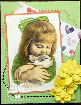 Page de coloriage en niveaux de gris, petite fille avec chat. Tendresse