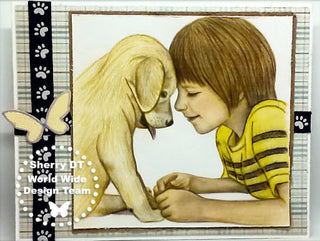 Page de coloriage en niveaux de gris, garçon et chien. Amoureux des chiens