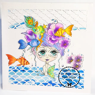 Coloriage, Fantasy Girl avec des poissons, des fleurs, des papillons. Fantaisie
