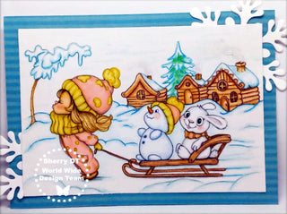 Página para colorear, niña con trineo en invierno nevado. andar en trineo es divertido