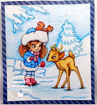 Page de coloriage, jolie fille et cerf en hiver neige. Lesly et faon