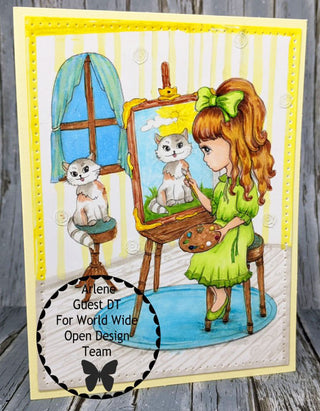 Página para colorear, retrato de gato pintado de niña. joven artista