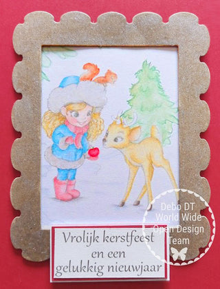 Coloring Page, Cute Girl and Deer in Snow Winter. Lesly and fawn