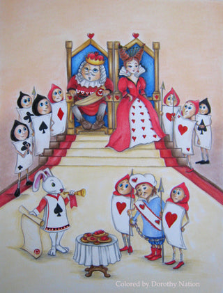 Coloriage, Alice au pays des merveilles, jugement de la reine et du roi. Qui a volé les tartes ?