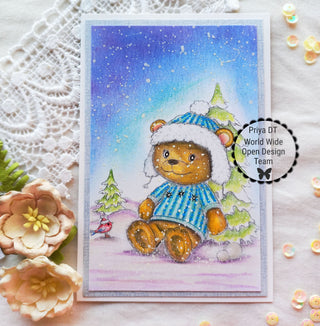 Página para colorear, lindo oso en invierno nevado. teddy wally