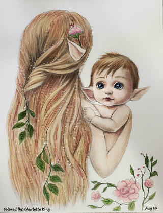 Página para colorear en escala de grises, Lindo bebé elfo y su mamá. El abrazo amoroso de mamá elfa