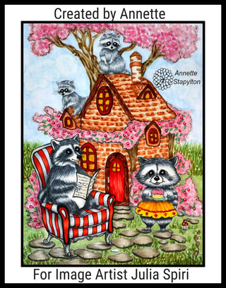 Grayscale Coloring Page, Fun Animals. Raccoon Family