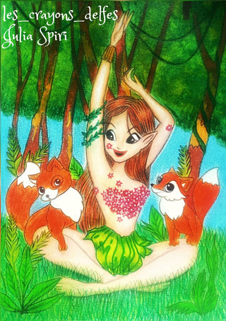 Coloring Page, Elf Girl in Forest. Elf and foxes