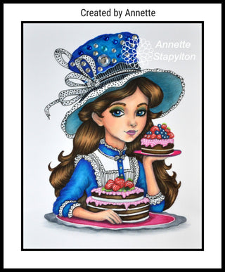 Page de coloriage en niveaux de gris, Whimsy Girl avec des gâteaux. Douce tentation