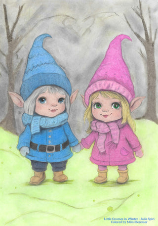 Page de coloriage en niveaux de gris. Petits Gnomes en hiver