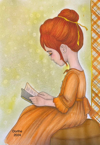Coloring Page, Vintage Girl read book. Amelie