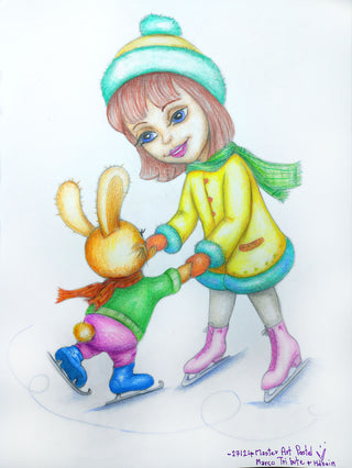 Page de coloriage, fille patinant avec un lapin en hiver. Patinez avec moi