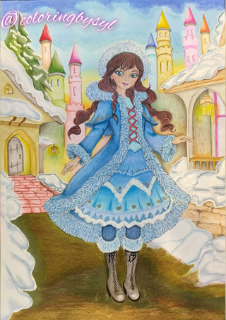 Page de coloriage en niveaux de gris, Whimsy Winter Girl. Une balade de conte de fées dans le village d'hiver enchanté