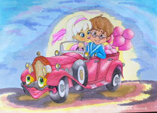 Coloring Page, Just Married, Couple in love, Marriage. Newlyweds on a Cabriolet. - The Art of Julia Spiri