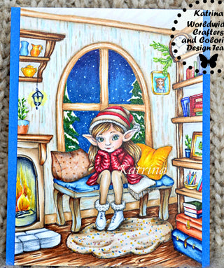Page de coloriage en niveaux de gris, elfe d’hiver fantaisiste dans une maison confortable. Ambiance hivernale