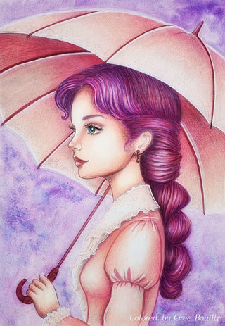 Grayscale Coloring Page, Fantasy Girl. Enchanting Rainfall