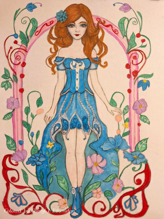 Page de coloriage en niveaux de gris, Whimsy, Fantasy Girl avec cadre de style Nouveau. Nouveau Chic