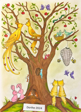 Página para colorear, árbol con animales: pájaros, abejas, conejos, gatos. Árbol del amor