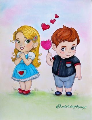 Coloring Page, Cute Girl and Boy, Couple in love. Sweet love