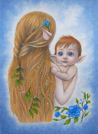 Página para colorear en escala de grises, Lindo bebé elfo y su mamá. El abrazo amoroso de mamá elfa