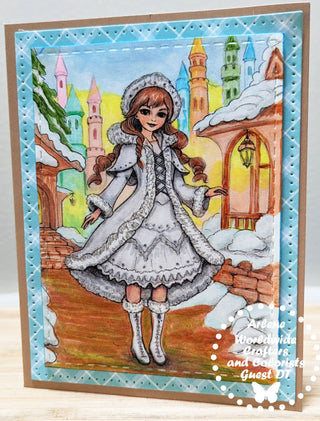 Page de coloriage en niveaux de gris, Whimsy Winter Girl. Une balade de conte de fées dans le village d'hiver enchanté
