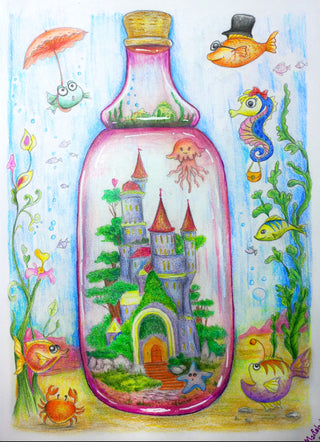 Page de coloriage en niveaux de gris, Château à l’intérieur de la bouteille au bord de la mer. Monde fantaisiste