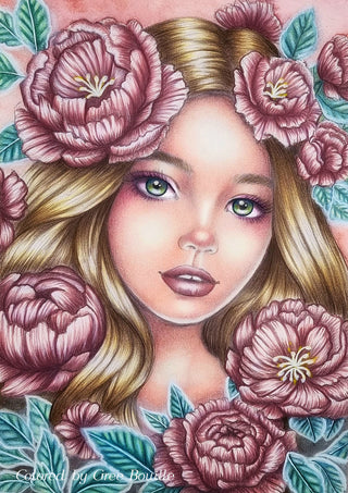 Grayscale Coloring Page, Fantasy Girl. Portrait of a Peony Enchantress