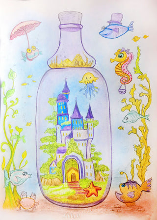 Grayscale Coloring Page, Castle inside the bottle at the sea. Whimsical World