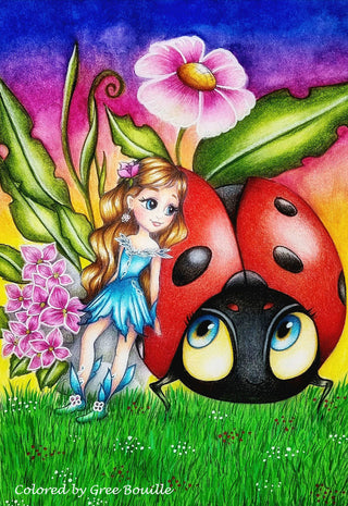 Página para colorear, linda chica con Ladybug y flores. pulgarcita