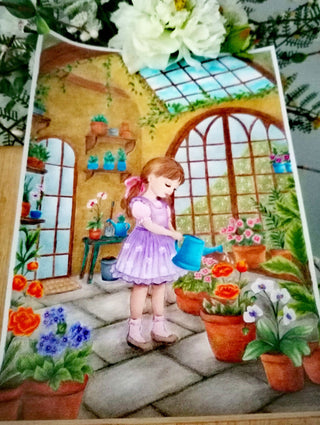 Grayscale Coloring Page, Girl Watering Flowers. The GreenHouse