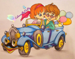 Coloring Page, Just Married, Couple in love, Marriage. Newlyweds on a Cabriolet.