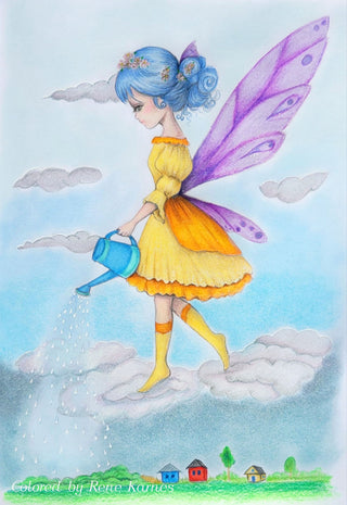 Grayscale Coloring Page, Fairy Girl. The Rain