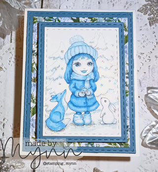 Coloriage, Whimsy Cute Girl avec folk et lapin. Promenade d'hiver