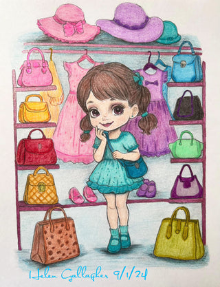 Grayscale Coloring Page, Little Girl and her Closet. Coquette's Dilemma: Picking the Ideal Bag.