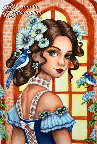 Grayscale Coloring Page, Beautiful Girl and Birds. The Birdsong Muse