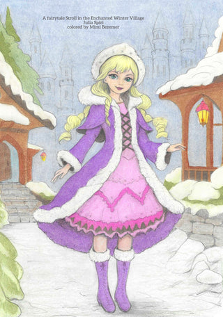 Grayscale Coloring Page, Whimsy Winter Girl. A Fairytale Stroll in the Enchanted Winter Village