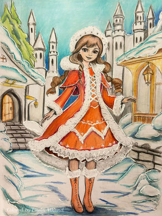 Grayscale Coloring Page, Whimsy Winter Girl. A Fairytale Stroll in the Enchanted Winter Village