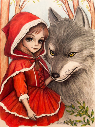 Grayscale Coloring Page, Fairy Tale. Little Red Riding Hood and The Wolf