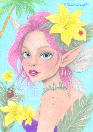 Grayscale Coloring Page. Whimsy Elf with Insect on Tropics. Elf of the Emerald Tropics