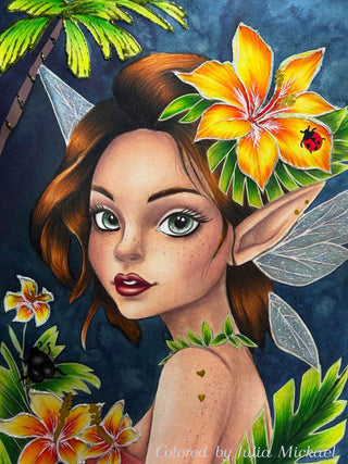 Grayscale Coloring Page. Whimsy Elf with Insect on Tropics. Elf of the Emerald Tropics