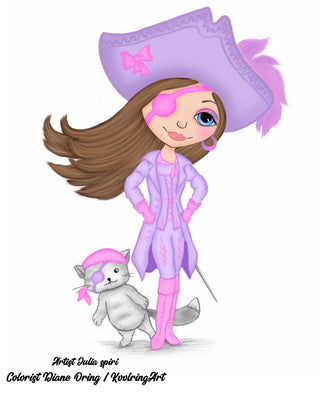 Coloring Page, Adventure of Pirate Girl and Cat. Madison