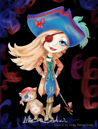 Coloring Page, Adventure of Pirate Girl and Cat. Madison