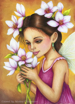 Grayscale Coloring Page. Whimsy Fairy Girl with Magnolias. Whispers of Magnolia