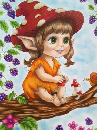 Grayscale Coloring Page. Forest Berry Baby Elf