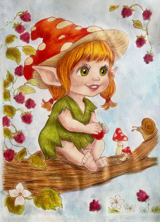 Grayscale Coloring Page. Forest Berry Baby Elf