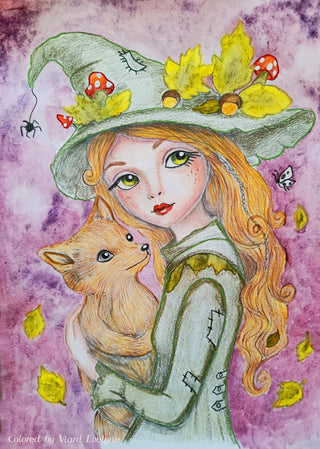 Grayscale Coloring Page. Whimsical Girl with Fox in Autumn Forest. The Fey and the Fox