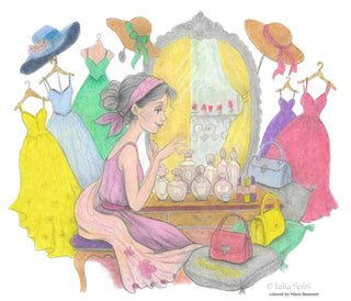 Grayscale Coloring Page. Beautiful Girl with Dresses, Hats, Handbags and Perfumes. The Dreaming Wardrobe