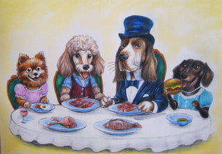 Grayscale Coloring Page, Fun Dogs Eating at the Table. The Aristodogs Banquet